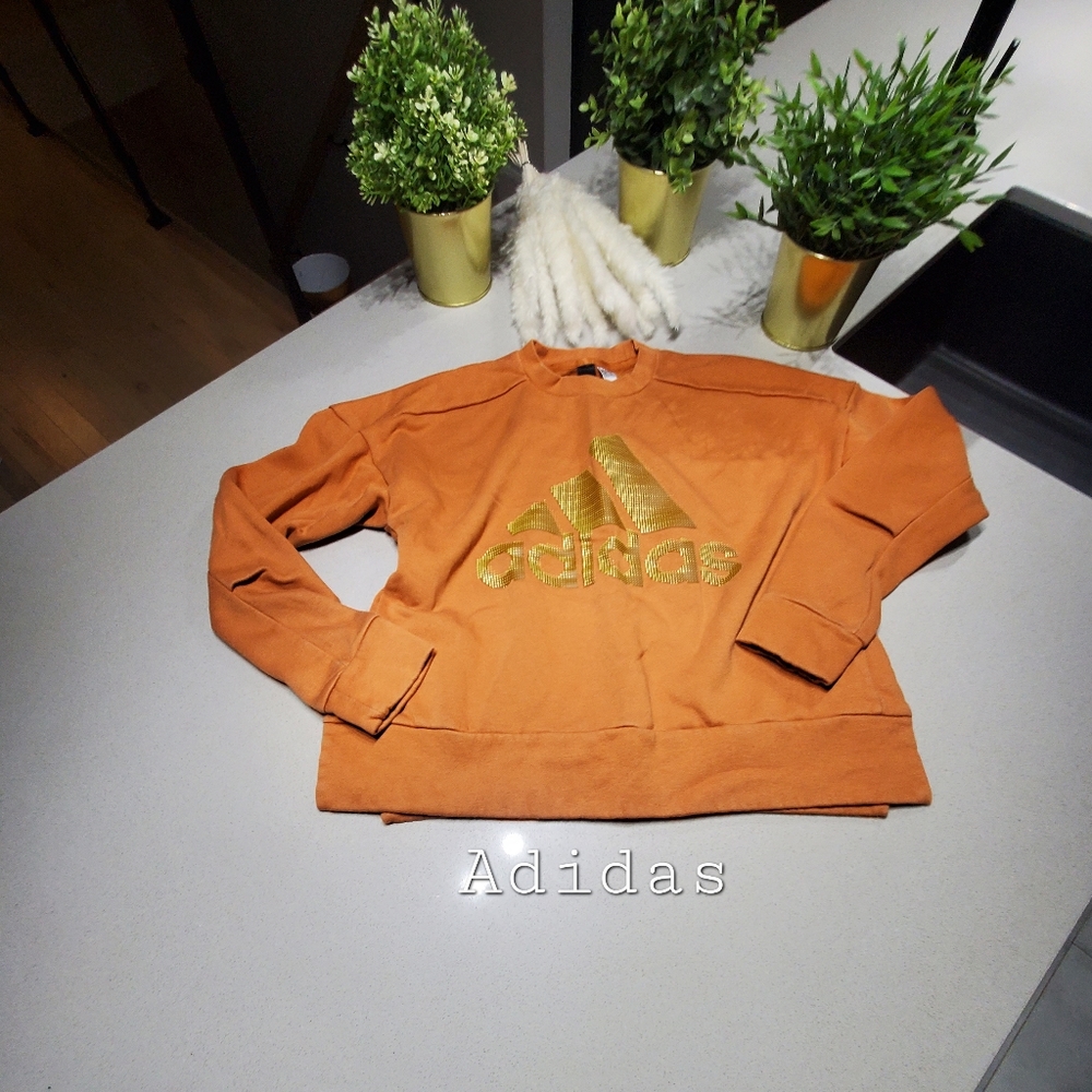 ADIDAS Très beau hoodie crewneck oversize à logo orange et doré